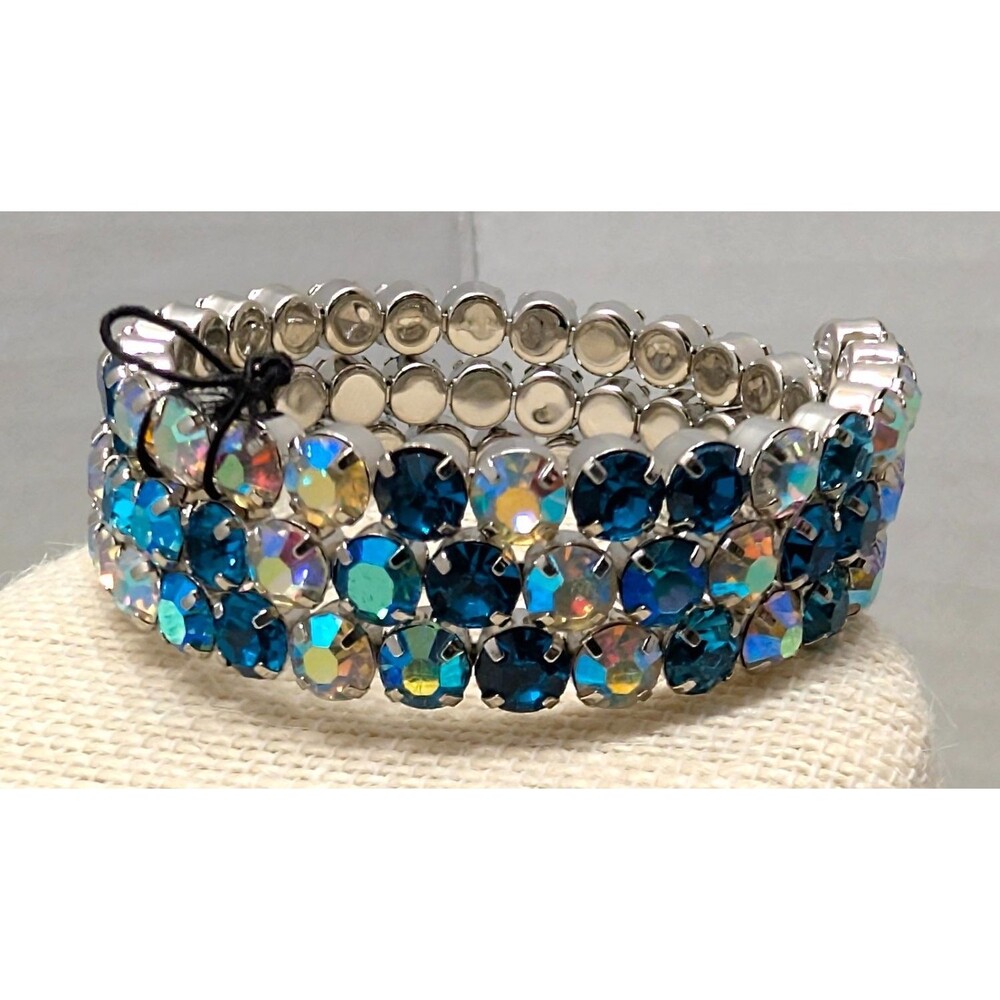 New Blue AB Aurora Borealis 3 Row Wrap Bracelet Silver Tone Rhinestones Cobalt